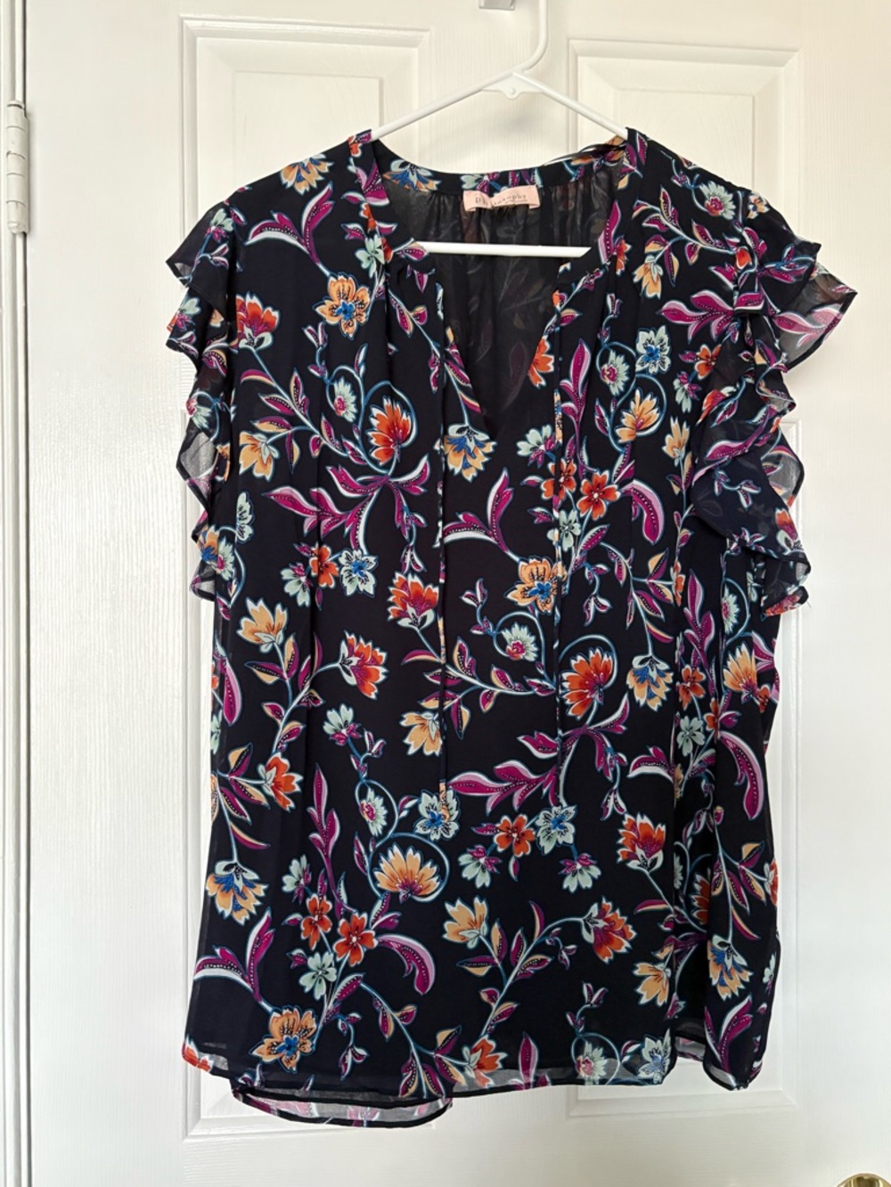 Philosophy Black Floral Ruffle Sleeve V-Neck Blouse